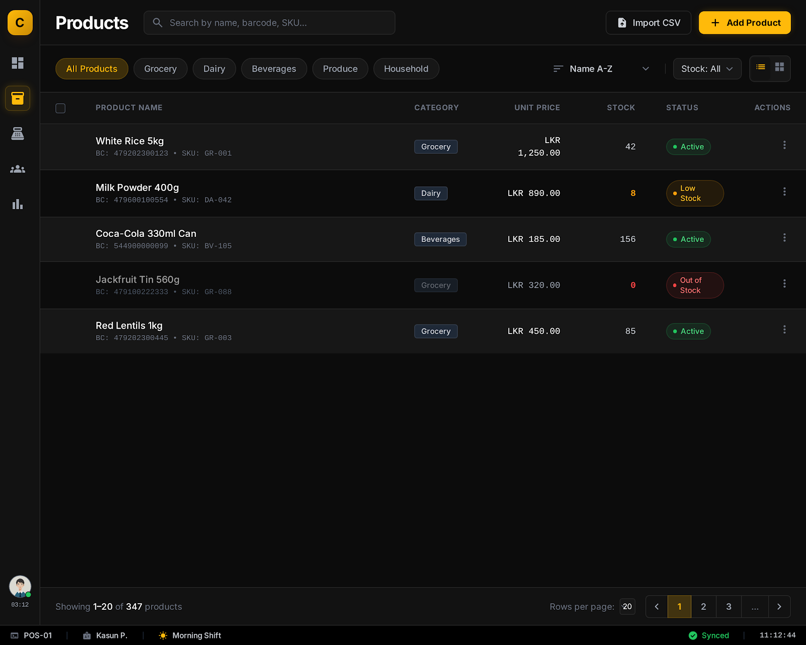 Ceylond POS product management screen